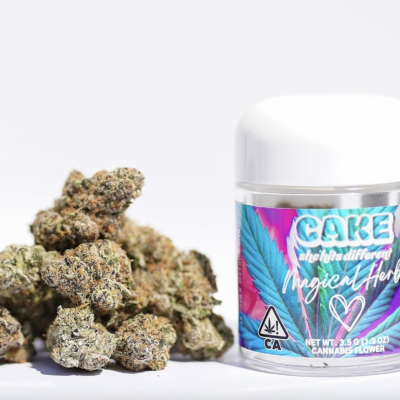 Sugar Baby Cake flower, 3.5g jar of whole buds, indica-dominant hybrid, gas, fuel, skunk, spice aroma